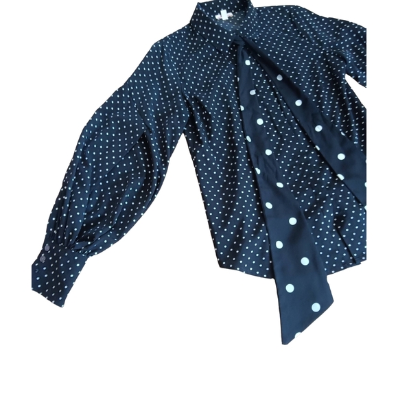 Vintage 80 Chic Black And White Blouse with Polka Dots and Bow. Billowy Sleeves - Picture 2 of 5